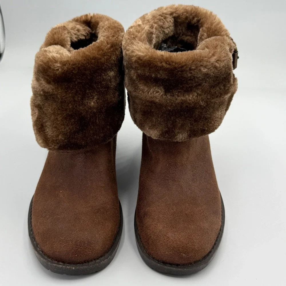 Bass‎ Women Brown Faux Fur Lined Ankle Boots With Buckle Accent Size 6M Leather